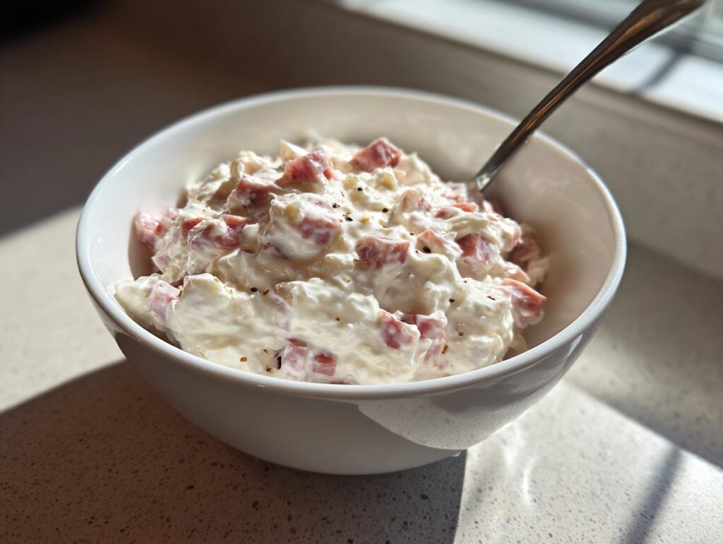 Bol blanco con aperitivos fríos para llevar cremosos con trozos de jamón y pimienta