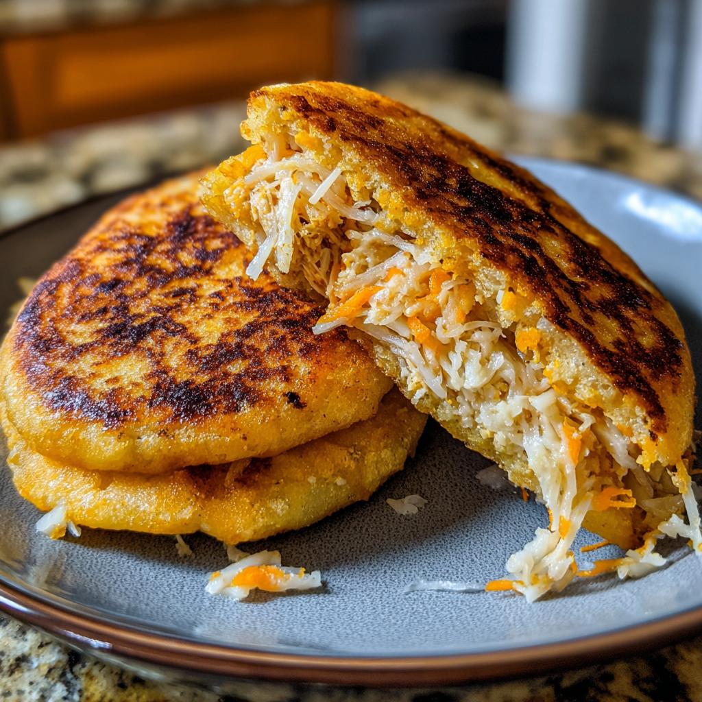 Arepas venezolanas doradas rellenas de pollo desmechado y verduras en un plato