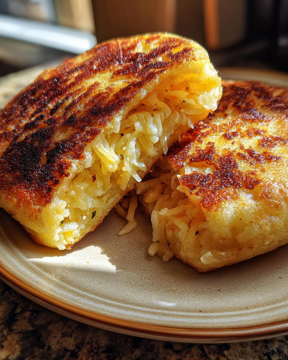 Arepas venezolanas doradas y rellenas de queso derretido en un plato
