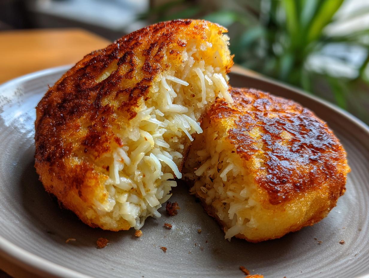Arepas venezolanas doradas y rellenas de queso rallado fundido en plato gris