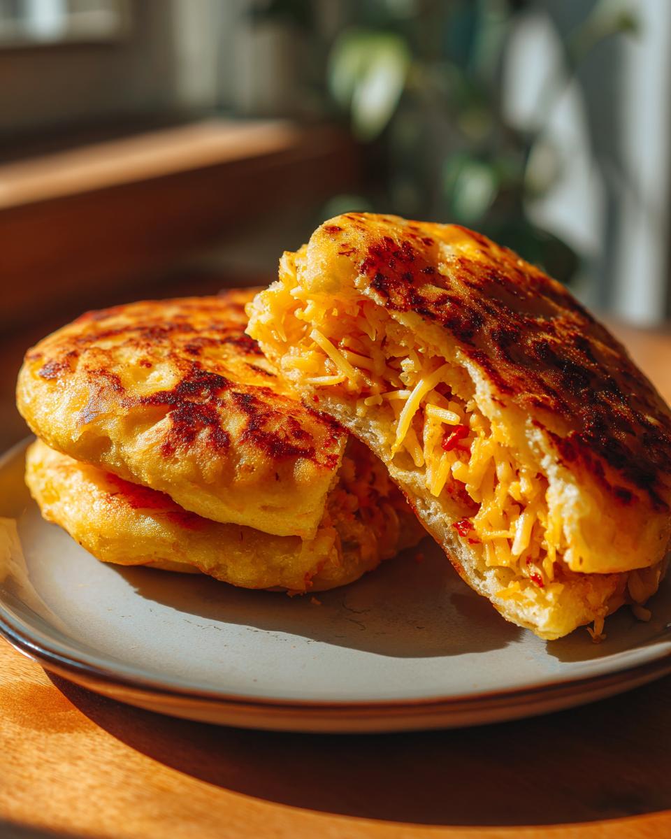 Arepas venezolanas doradas rellenas de queso rallado en un plato
