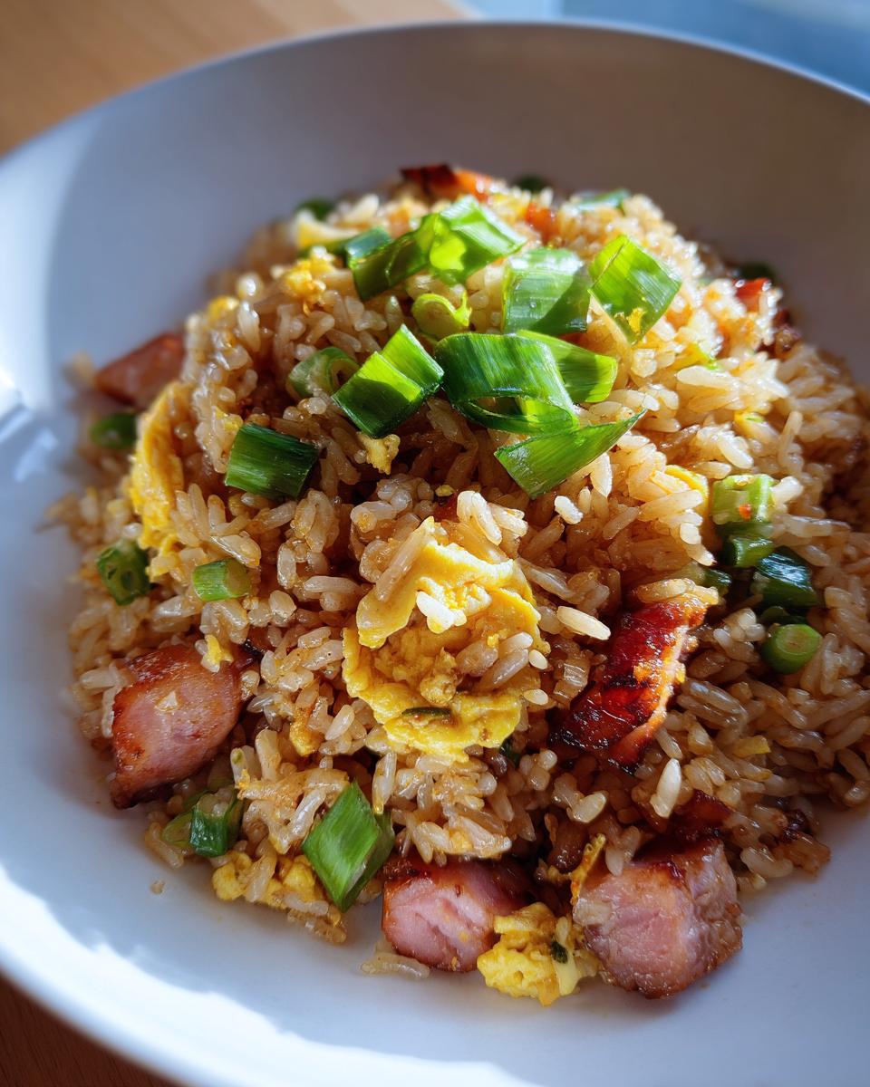 Plato de arroz chaufa con huevo revuelto, trozos de carne y cebolla verde