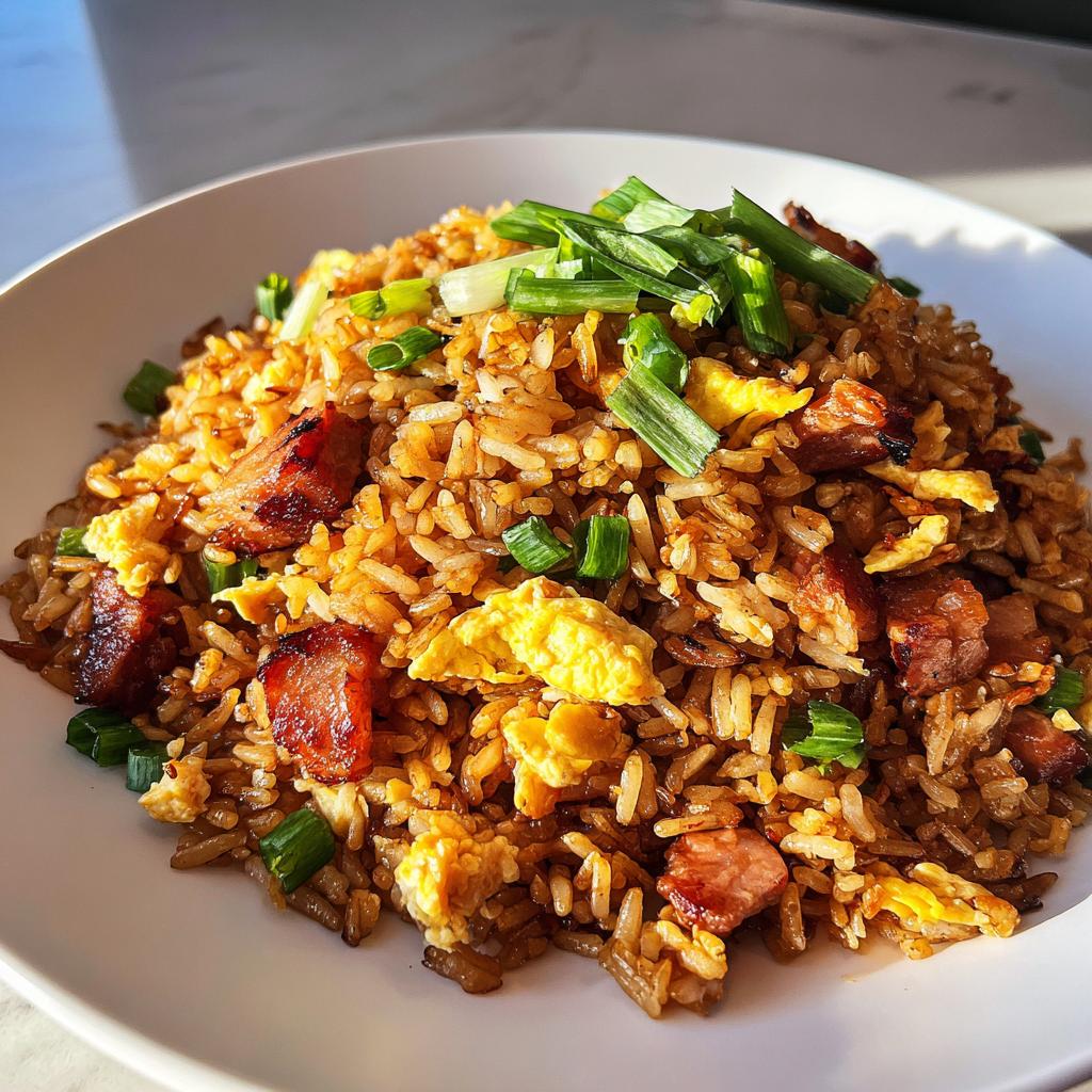 Plato blanco con arroz chaufa casero, huevo revuelto, trozos de carne y cebollín fresco