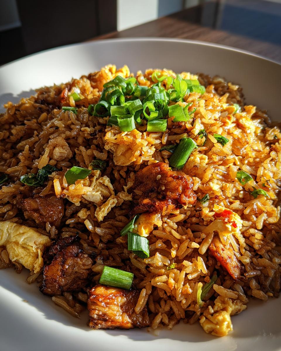 Plato de arroz chaufa casero con huevo, trozos de carne y cebolla china fresca