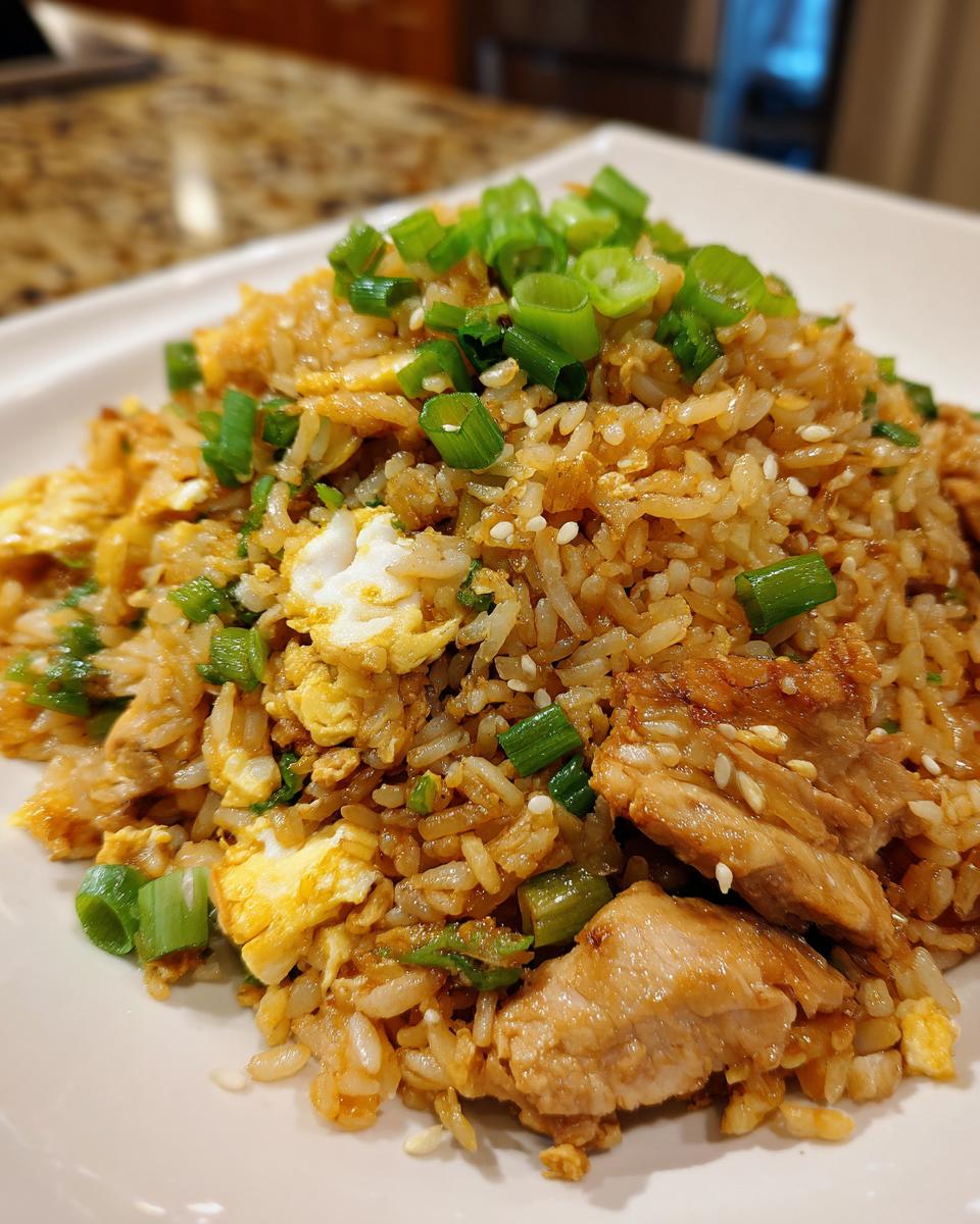 Plato de arroz chaufa casero con trozos de pollo, huevo y cebolla china en primer plano