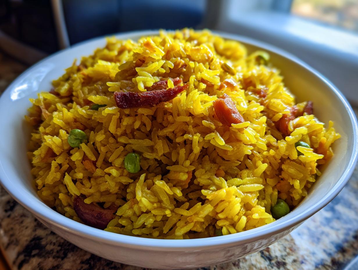 Bowl blanco lleno de arroz con gandules amarillo con trozos de carne y guisantes verdes