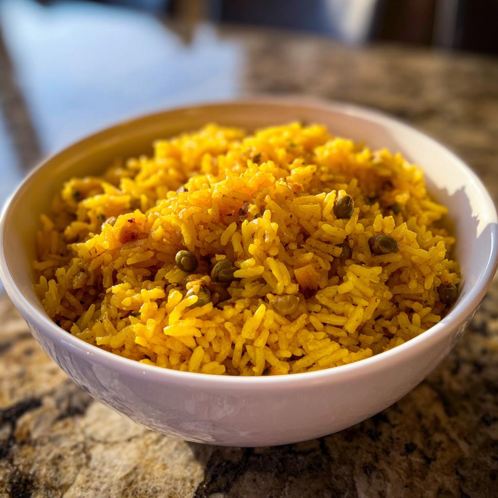 Tazón blanco lleno de arroz con gandules amarillo con especias y gandules visibles.