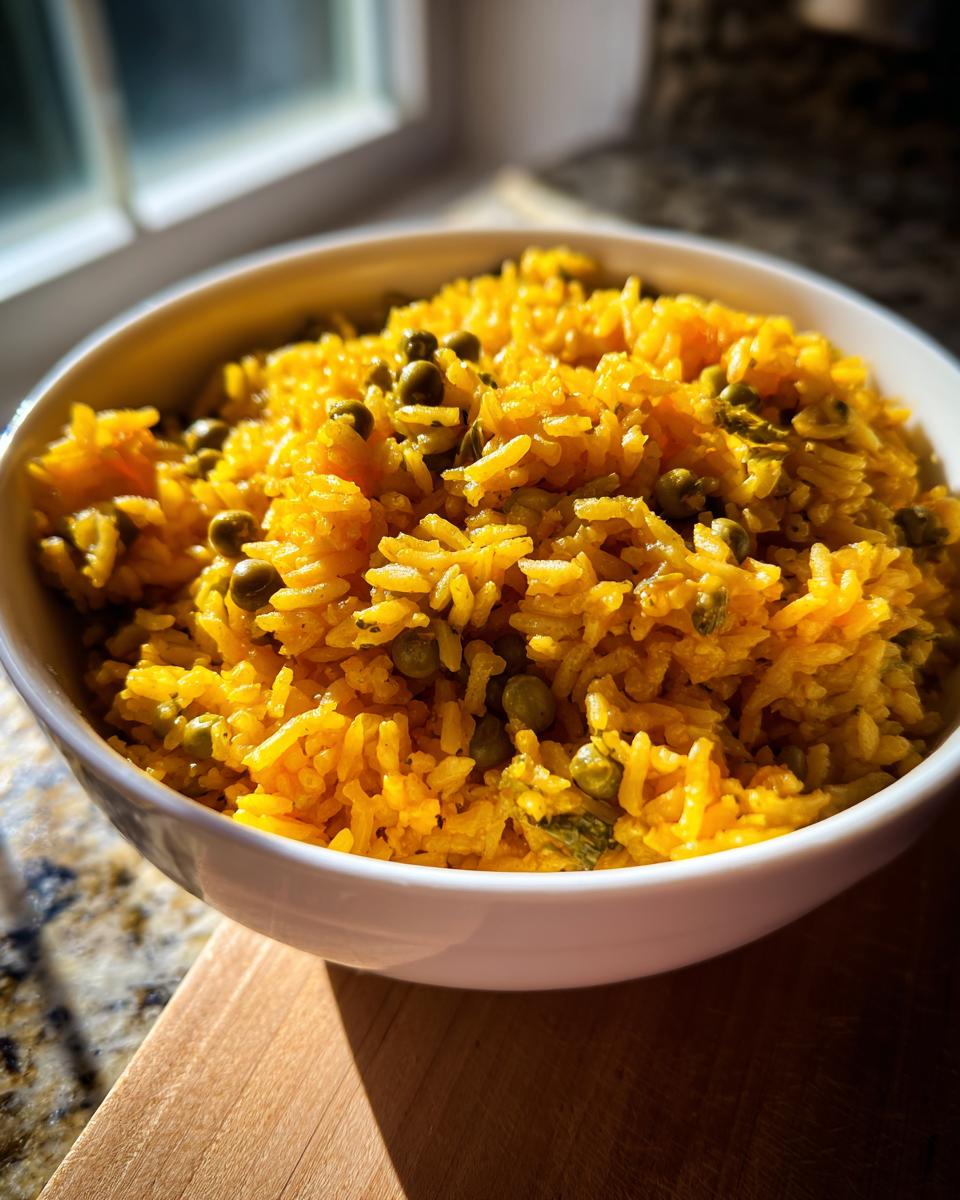 Tazón blanco lleno de arroz con gandules amarillo con guisantes verdes y especias.