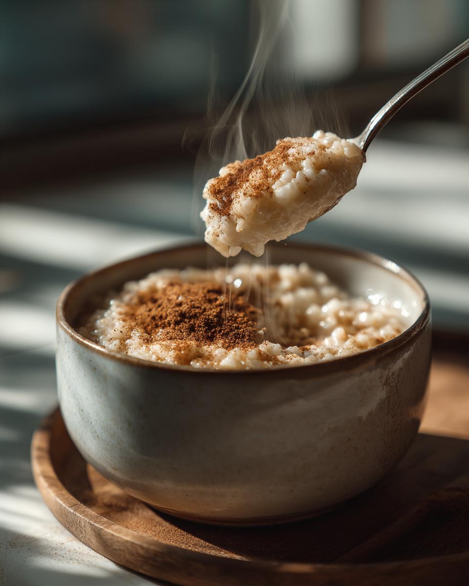 Taza de arroz con leche caliente con canela espolvoreada y una cuchara levantando una porción