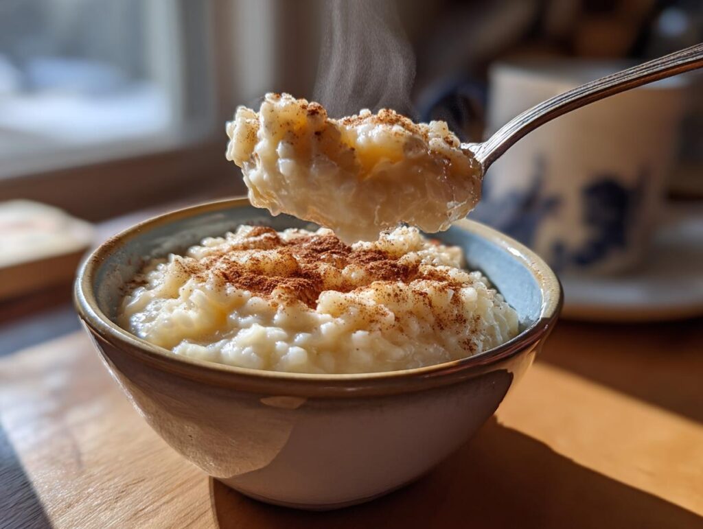 Tazón de arroz con leche casero espeso con canela espolvoreada y una cuchara con arroz caliente.