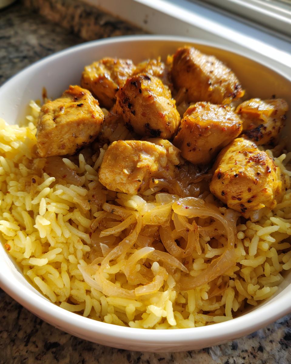 Bowl con arroz con pollo casero, trozos de pollo dorado y cebolla caramelizada