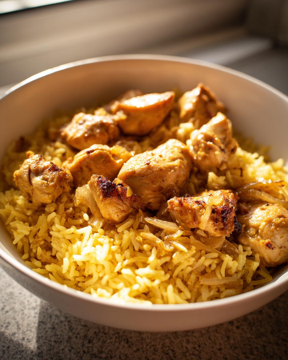 Bowl con arroz con pollo casero, trozos de pollo dorado sobre arroz amarillo