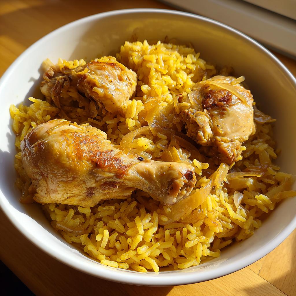 Plato blanco con arroz con pollo dorado y cebolla cocida