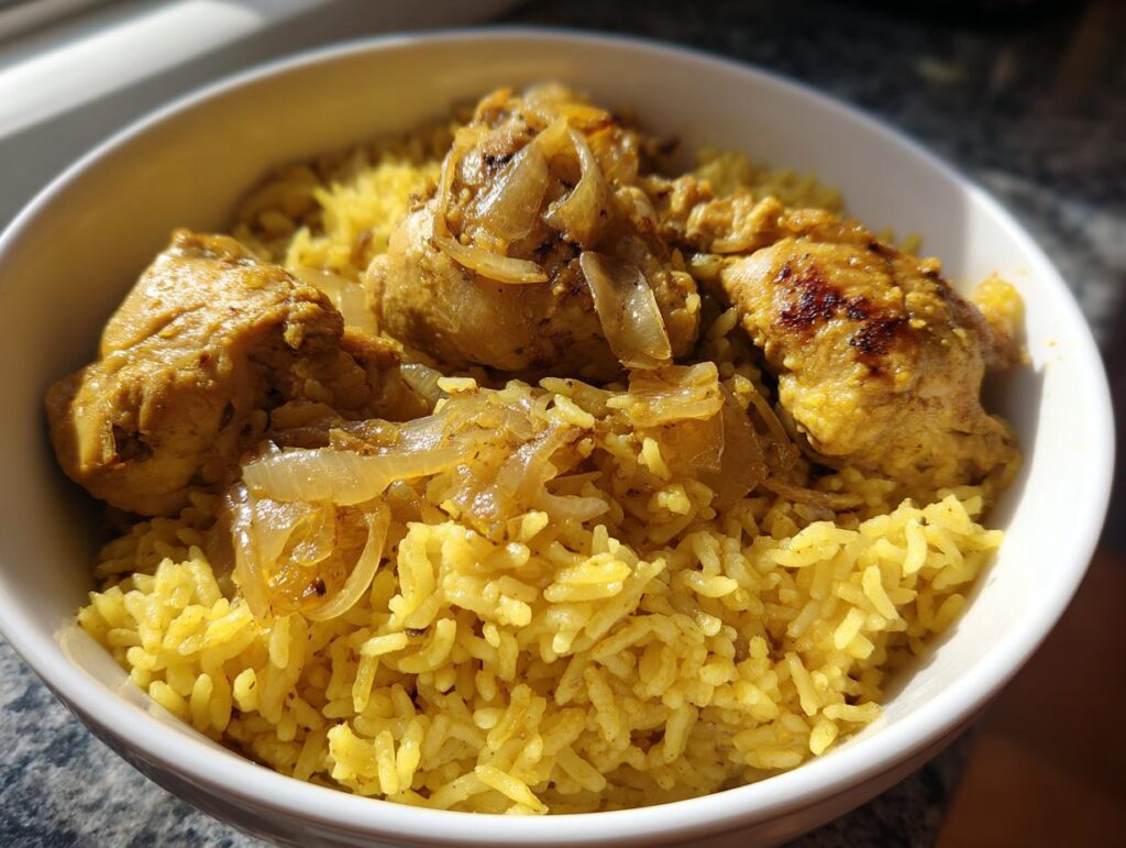 Plato blanco con arroz con pollo y cebolla caramelizada, servido al natural.