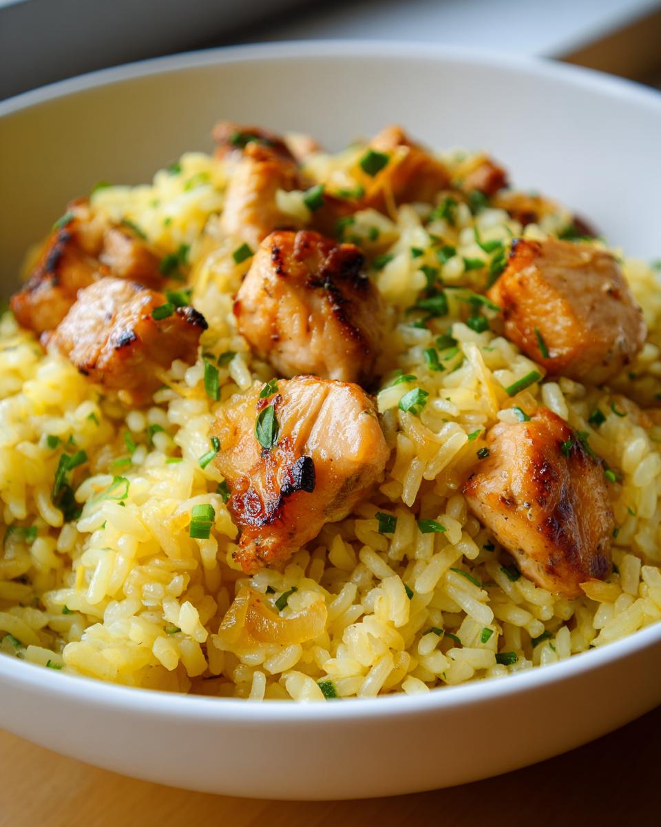 Plato blanco con arroz con pollo casero, trozos dorados de pollo y arroz amarillo con hierbas.
