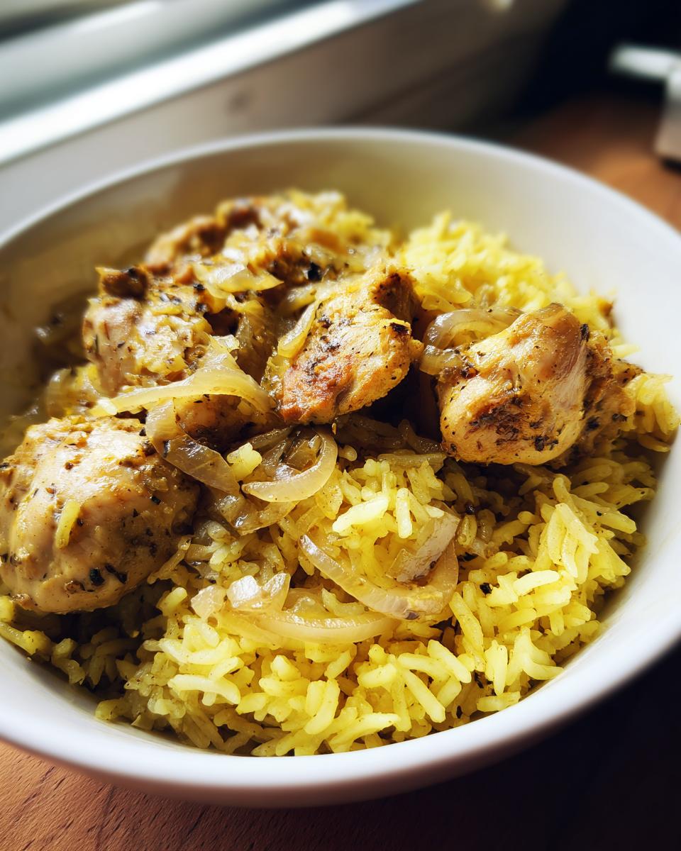 Plato blanco con arroz con pollo casero y cebolla cocida encima