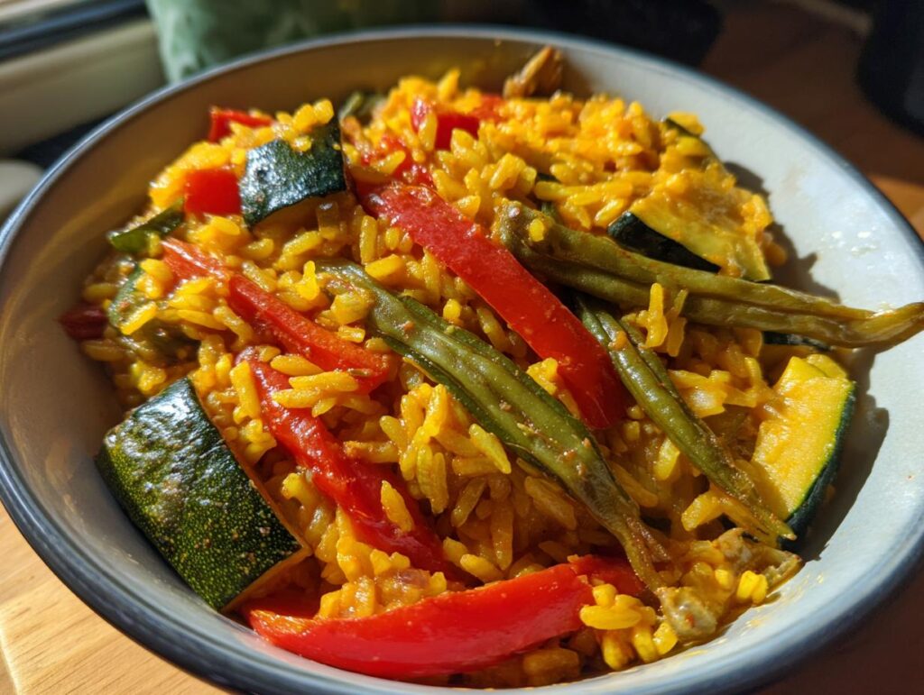 Bowl con arroz con verduras tipo paella con pimientos, judías verdes y calabacín