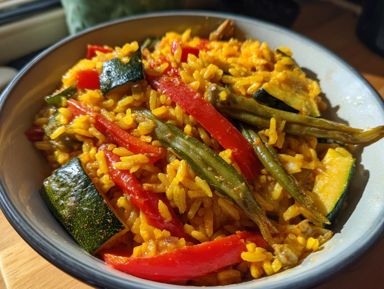 Bowl con arroz con verduras tipo paella con pimientos, judías verdes y calabacín