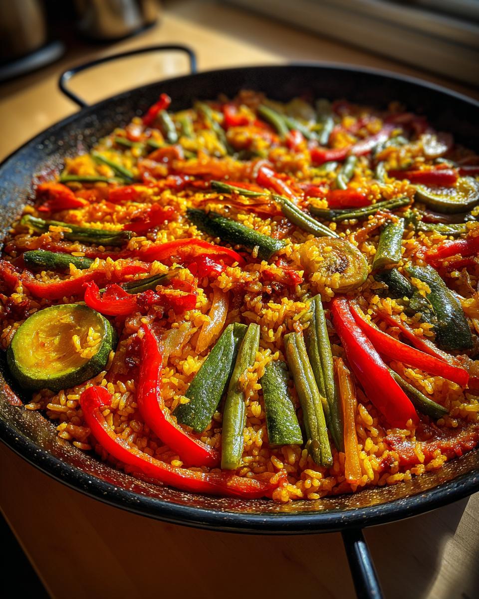 Paella con arroz con verduras tipo paella, pimientos, judías verdes y calabacín en sartén negra