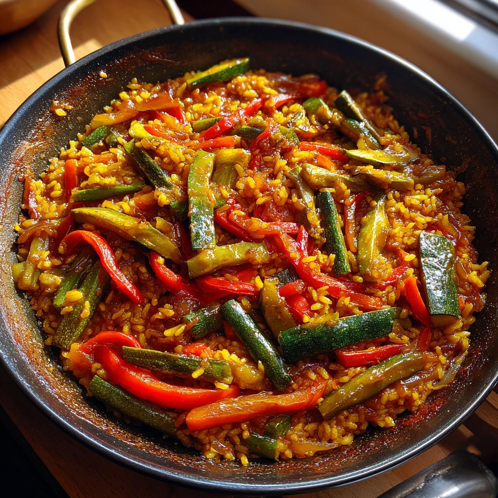 Paella con arroz con verduras tipo paella colorido con pimientos y calabacín en sartén negra
