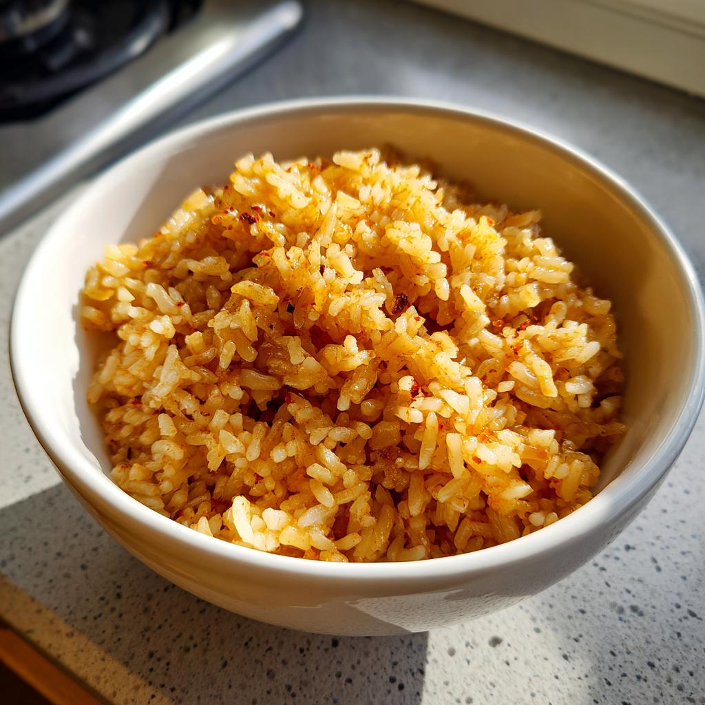 Tazón blanco con arroz mexicano cocido y sazonado, servido listo para comer.