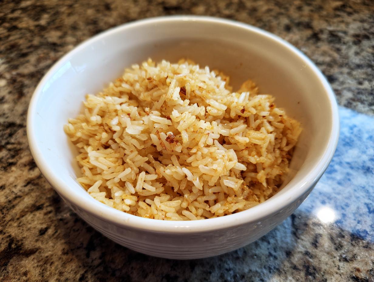Tazón blanco con arroz mexicano cocido y ligeramente dorado sobre mesa de granito