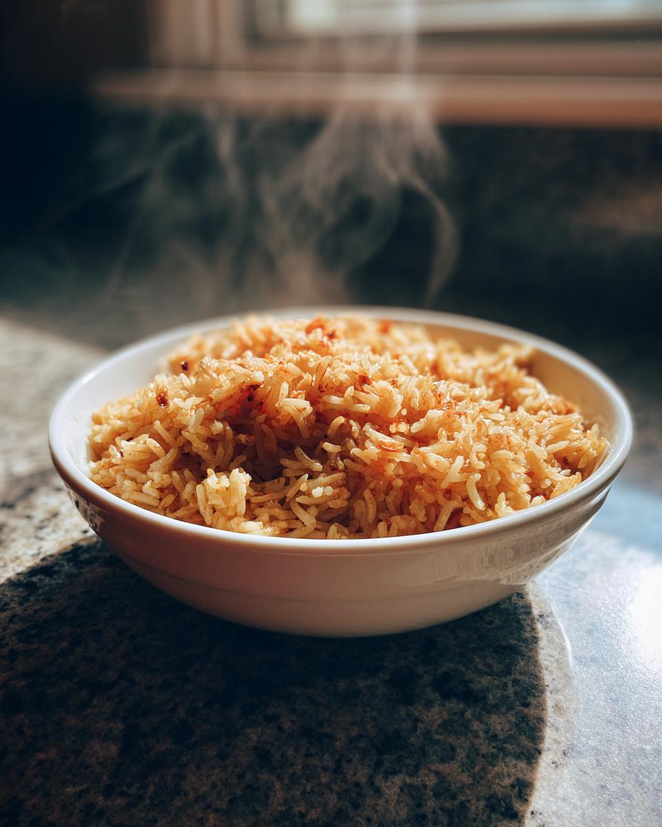 Tazón blanco con arroz mexicano caliente y humeante sobre encimera de cocina.