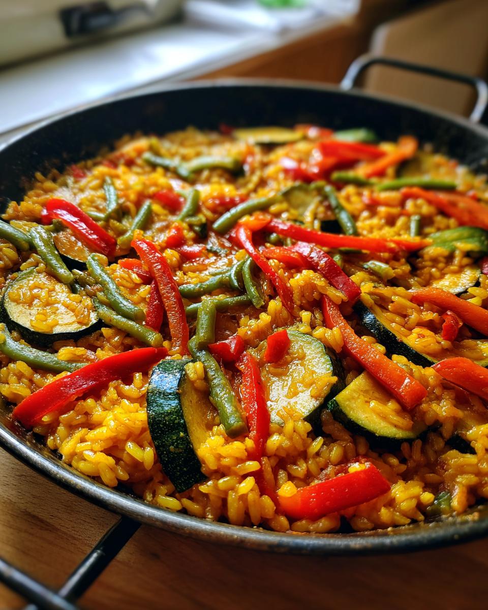 Arroz con verduras tipo paella con pimientos, judías verdes y calabacín en sartén negra