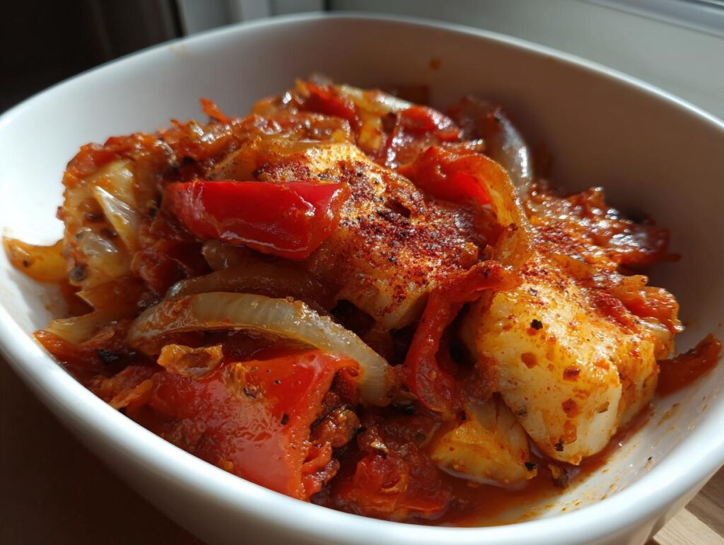 Plato de bacalao para Semana Santa con pimientos y cebolla en salsa roja