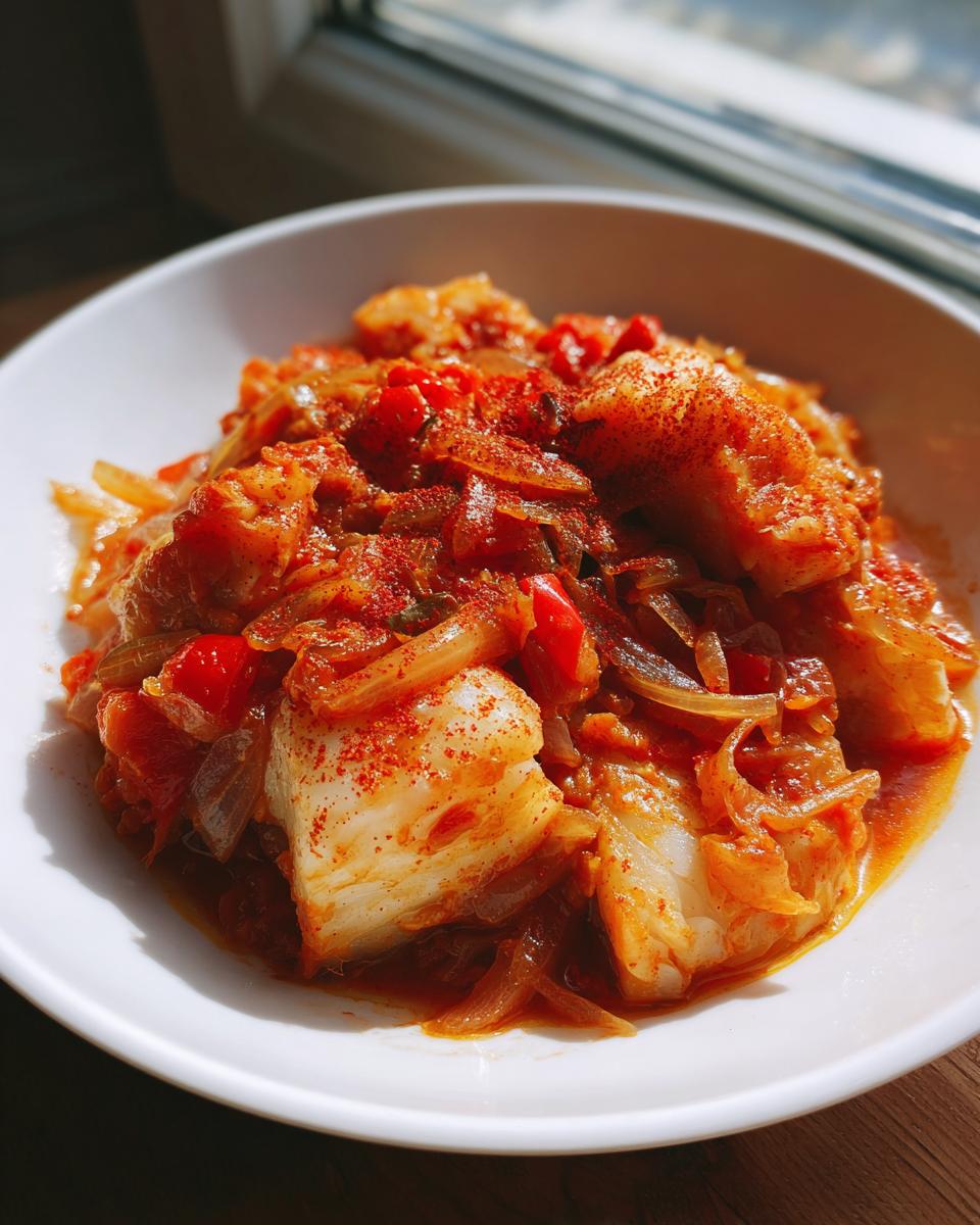 Bacalao para Semana Santa guisado con tomate, cebolla y pimientos en un plato blanco
