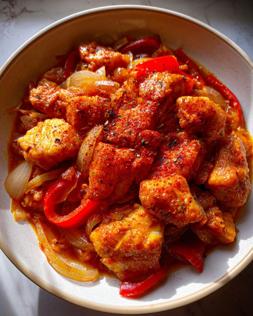 Plato de bacalao para Semana Santa con pimientos rojos y cebolla en salsa roja
