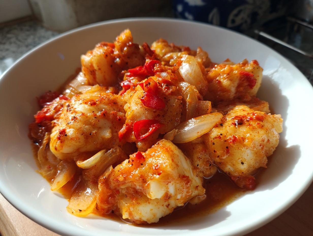 Plato de bacalao para Semana Santa cocinado con cebolla y pimientos en salsa roja