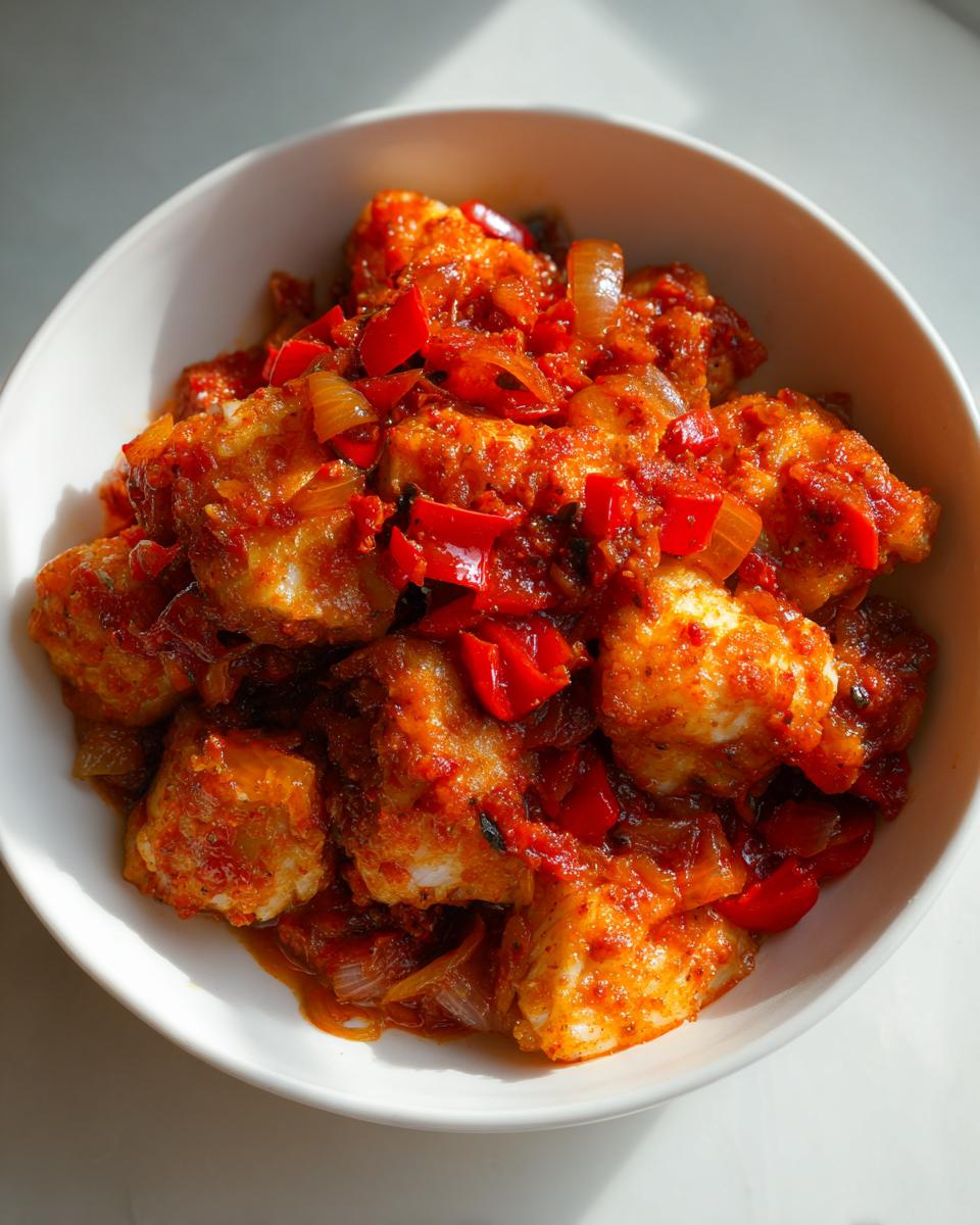 Plato de bacalao para Semana Santa con salsa roja, pimientos y cebolla en un bol blanco