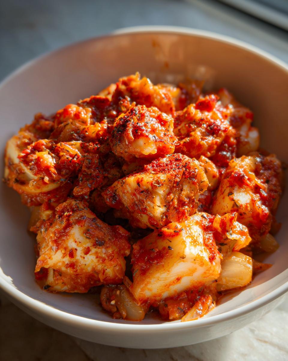Plato de bacalao para Semana Santa con salsa roja y especias en un bol blanco.