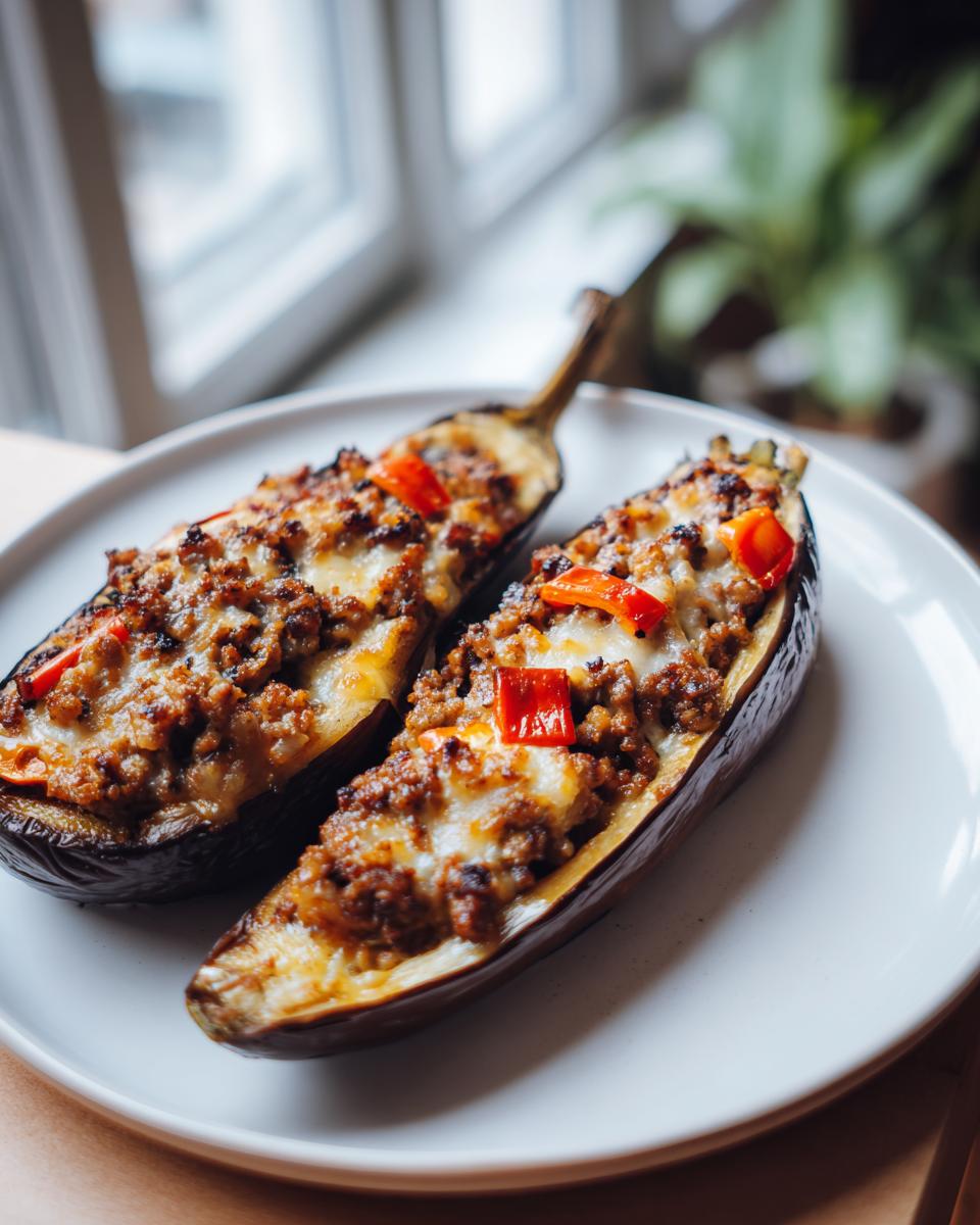 Berenjenas rellenas con carne, queso gratinado y trozos de pimiento rojo en plato blanco