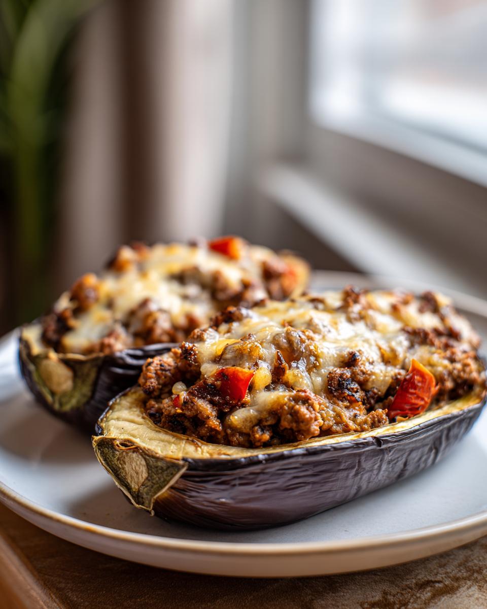 Berenjenas rellenas con carne molida, trozos de tomate y queso gratinado en plato blanco