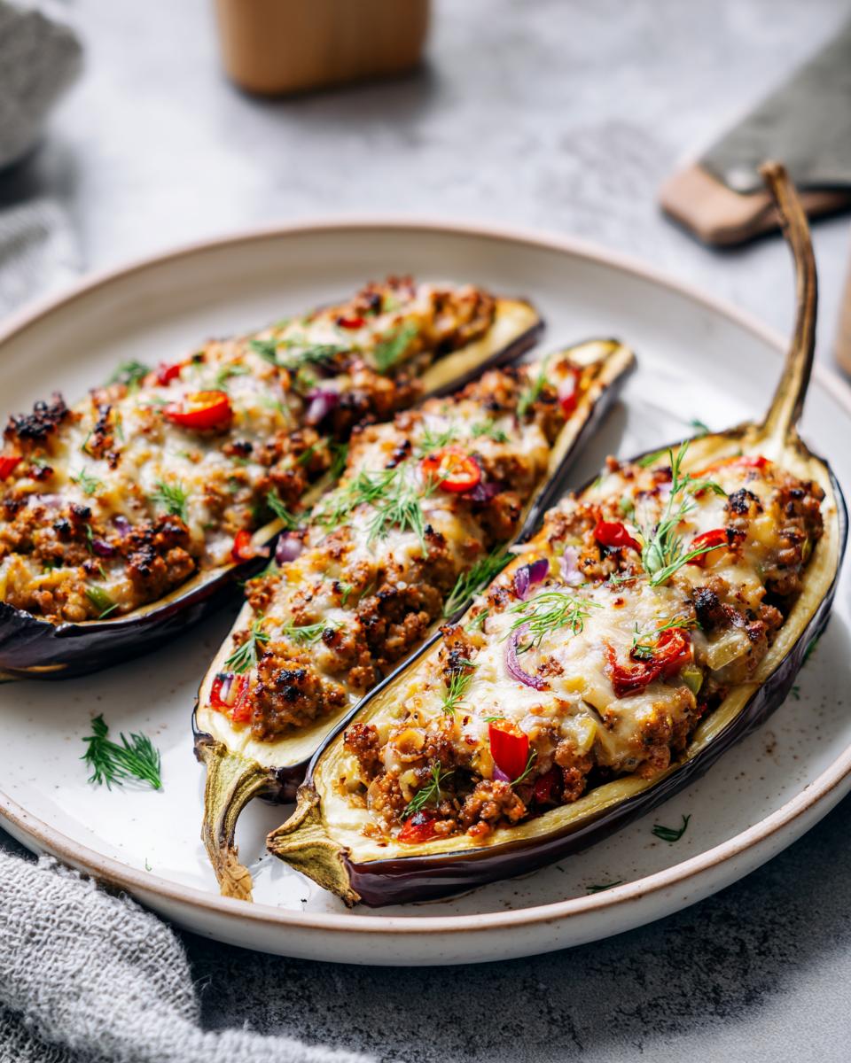 Tres berenjenas rellenas con carne, queso gratinado y decoradas con hierbas frescas