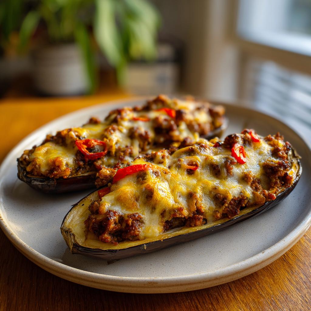 Berenjenas rellenas cubiertas con carne, queso gratinado y trozos de pimiento rojo en plato blanco