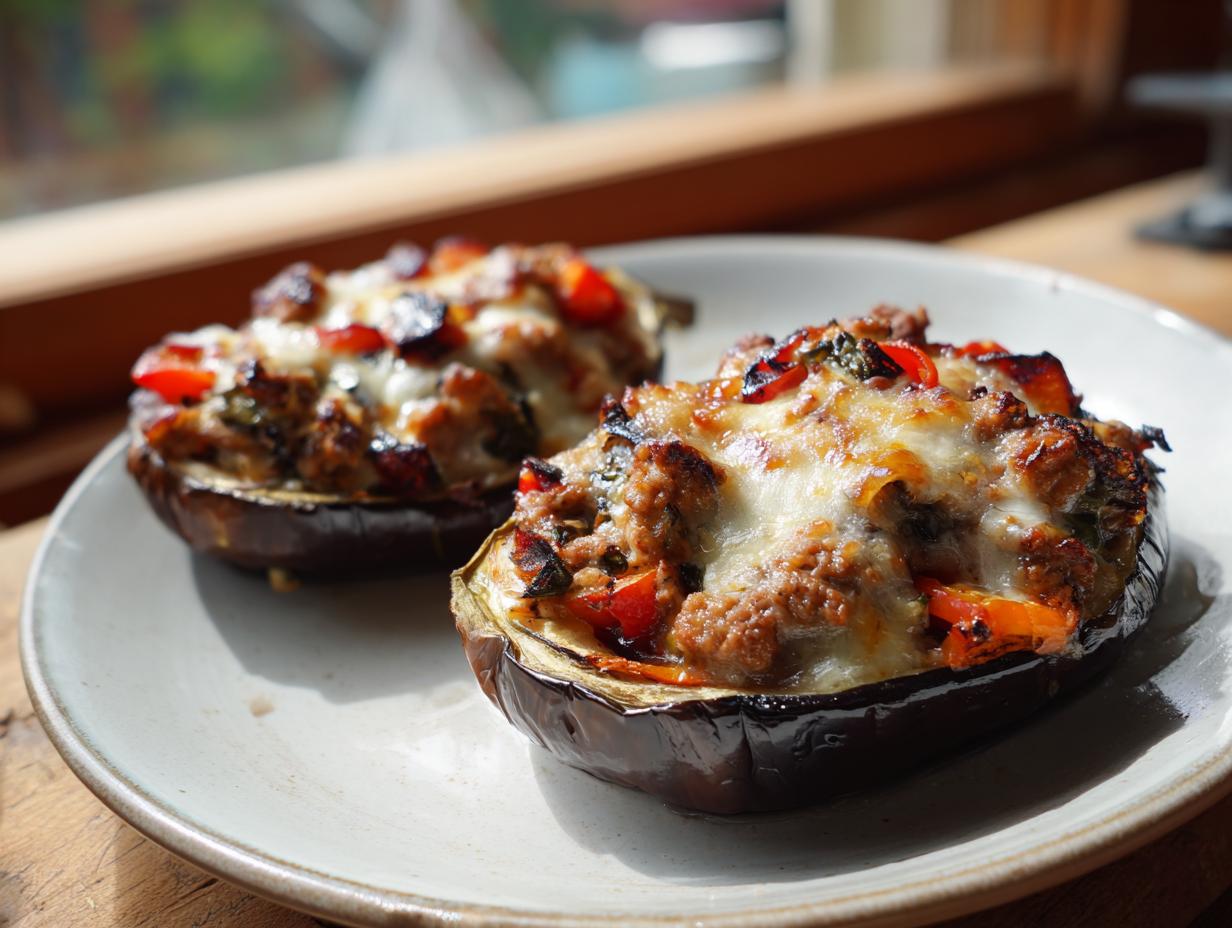 Dos berenjenas rellenas con carne, pimientos y queso gratinado en un plato blanco.