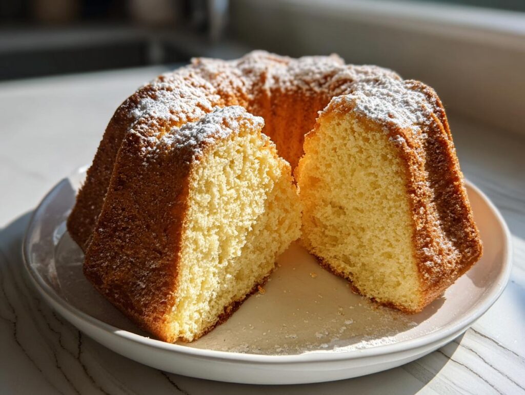 Bizcocho de limón esponjoso con corte y azúcar glas espolvoreada en un plato blanco