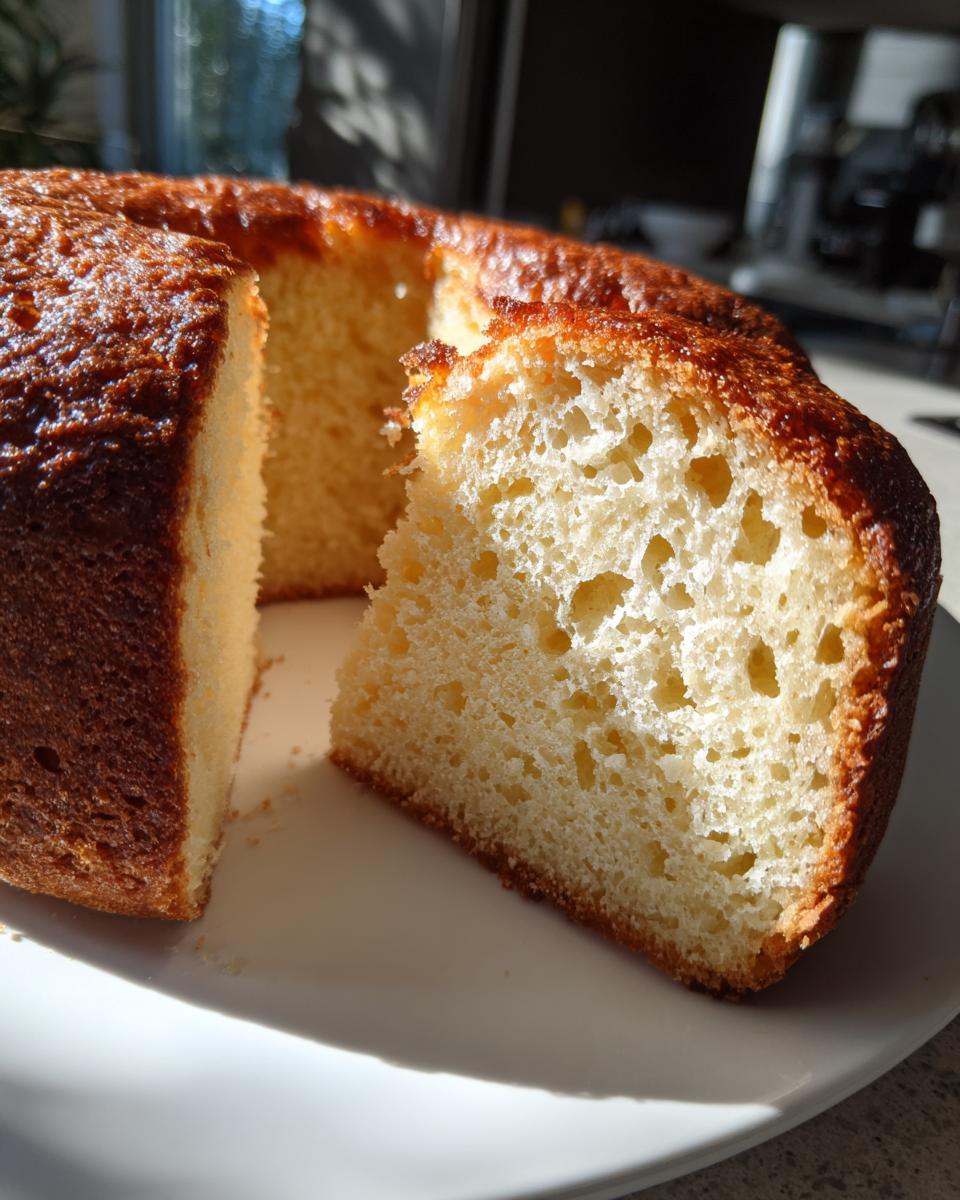 Bizcocho de yogur casero cortado mostrando su textura esponjosa y dorada.