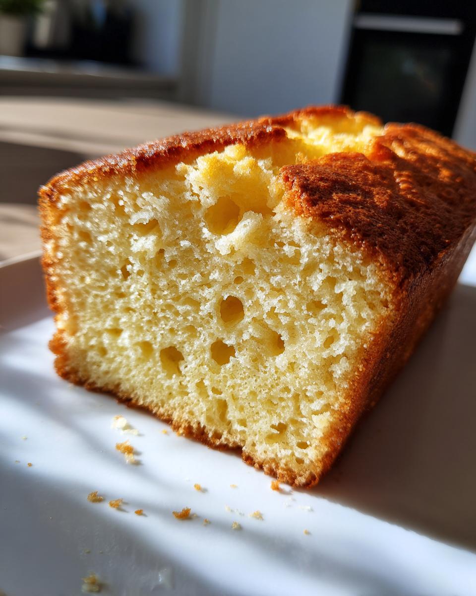 Primer plano de un bizcocho de yogur casero esponjoso con corteza dorada sobre un plato blanco.