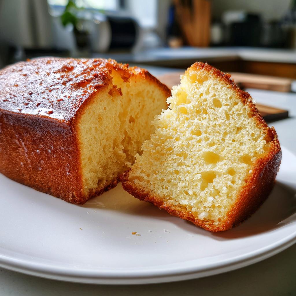 Bizcocho de yogur casero cortado mostrando su textura esponjosa y dorada en un plato blanco.