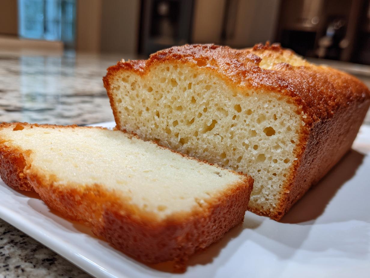 Bizcocho de yogur casero con textura esponjosa y corteza dorada en plato blanco