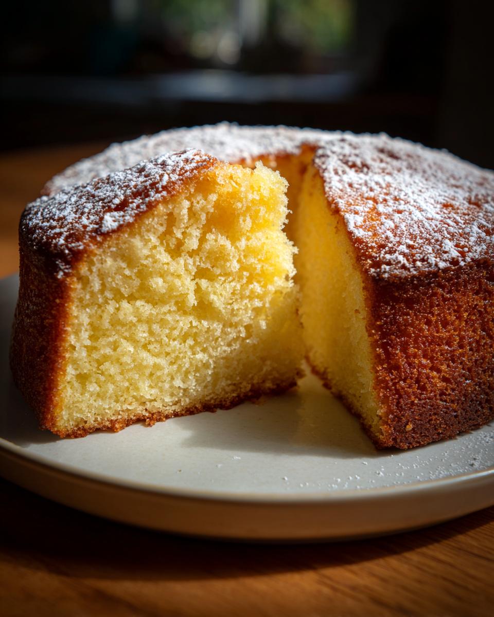 Bizcocho de limón esponjoso cortado en un plato con azúcar glas espolvoreada encima