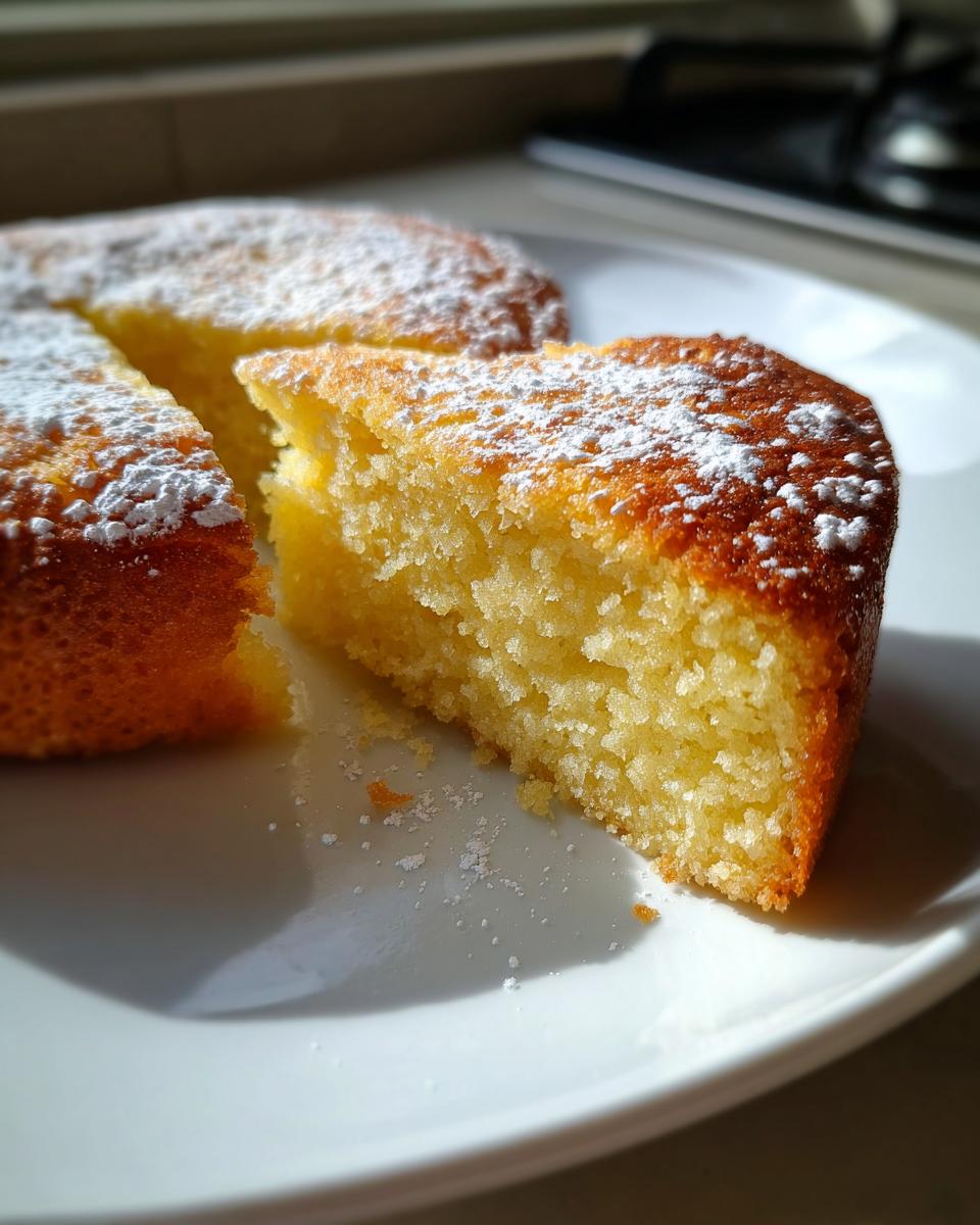 Porción de bizcocho de limón esponjoso con azúcar glas en un plato blanco