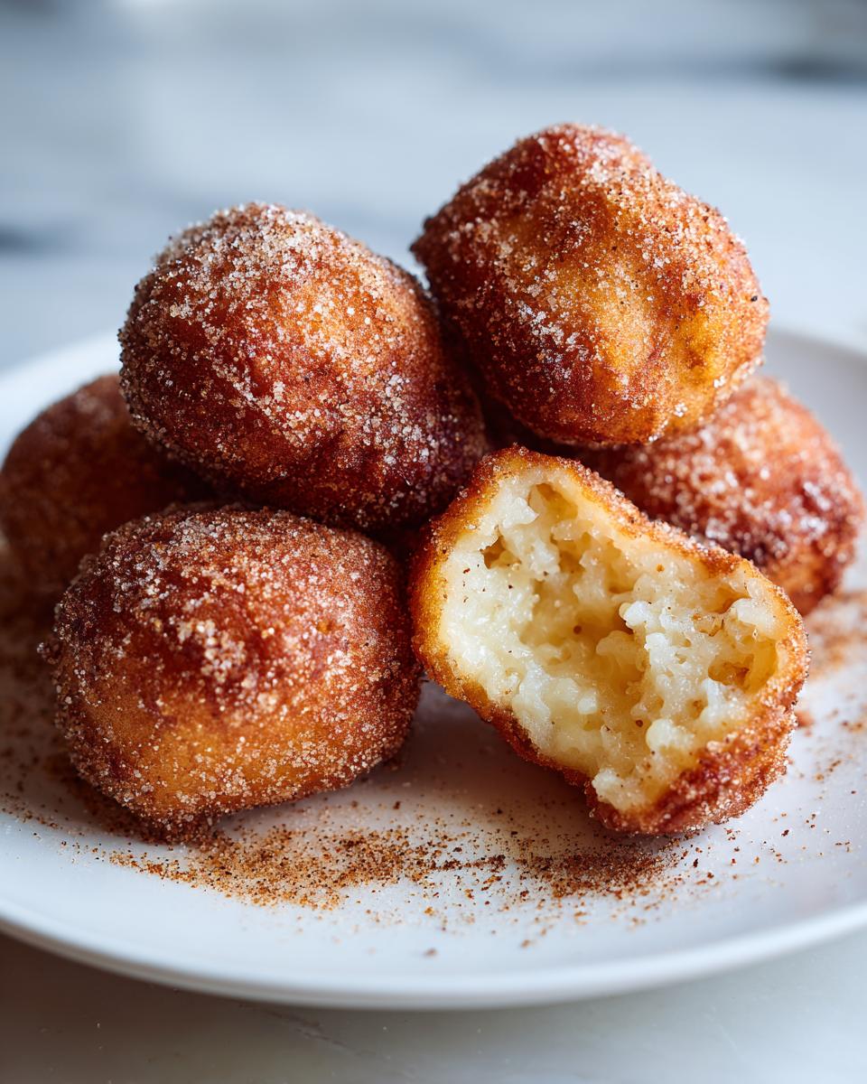 Bolitas de leche frita tradicional espolvoreadas con azúcar y canela en un plato blanco