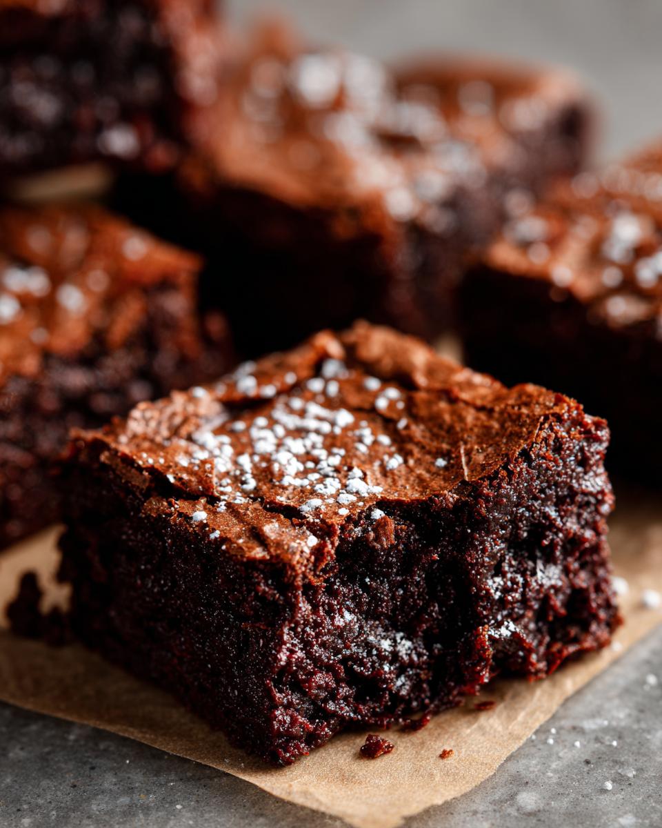 Primer plano de un brownie casero húmedo con polvo de azúcar espolvoreado encima.