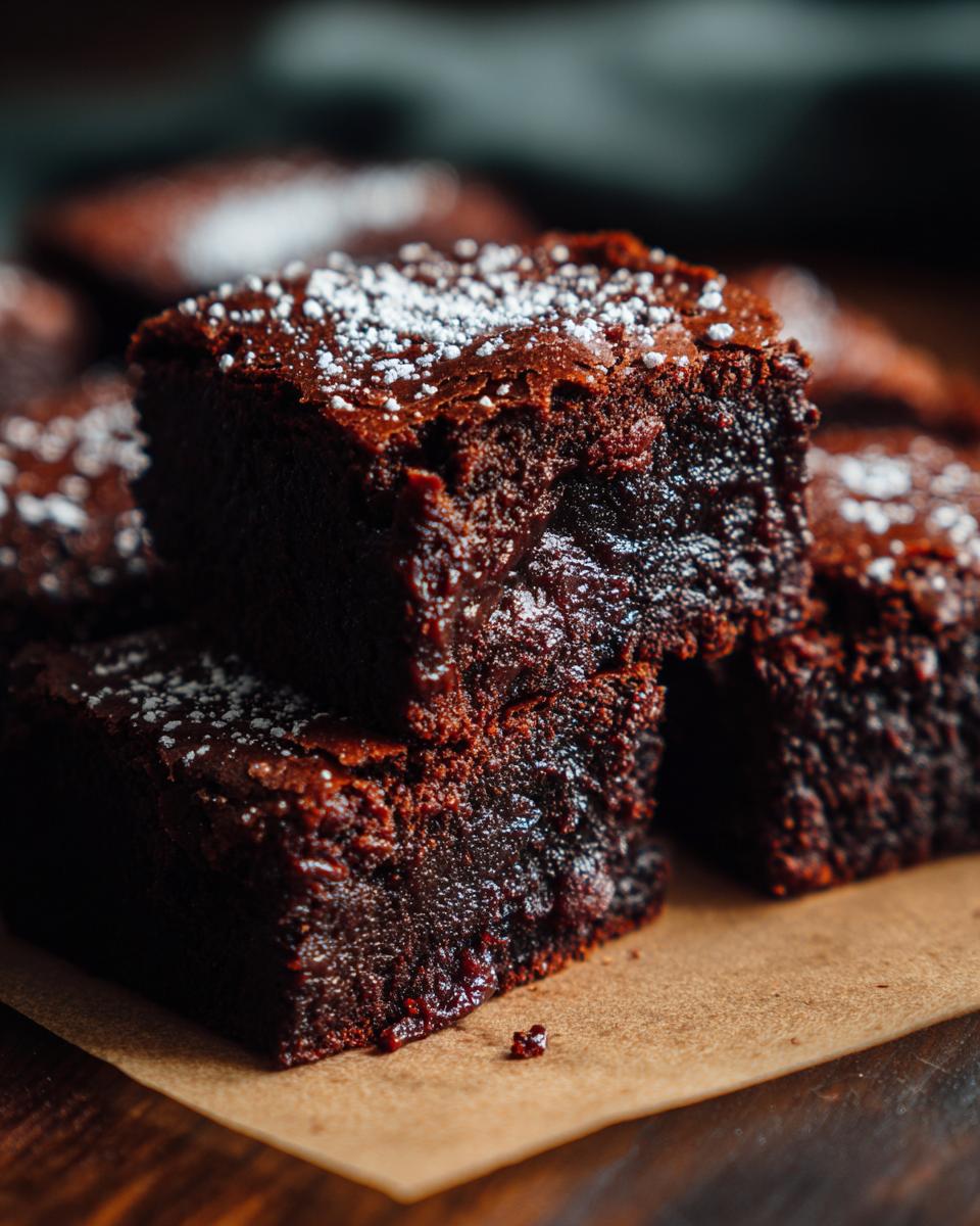 Brownies caseros apilados con textura húmeda y polvo de azúcar espolvoreado encima.