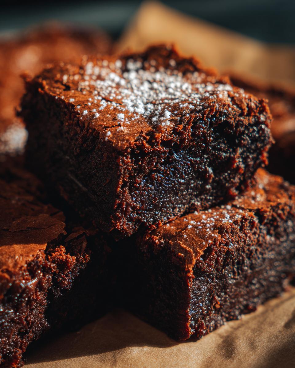 Primer plano de brownies caseros con textura húmeda y cubierta crujiente espolvoreados con azúcar glas.